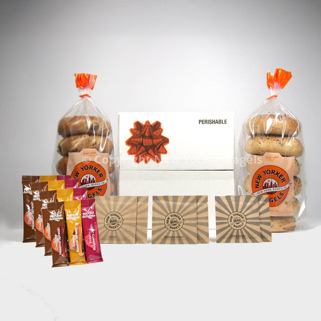 bagel gift with coffee and bagel spreads